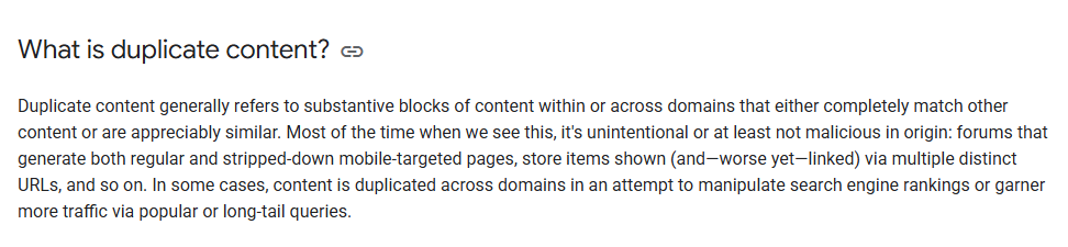 Screenshot From Google Search Central explaining what is duplicate content filter and when it applies on websites.